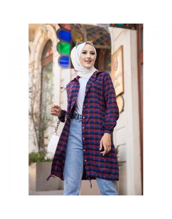 Chemise longue (Modest Fashion 2024 pas cher) - Tunique à carreaux bleu et rouge 