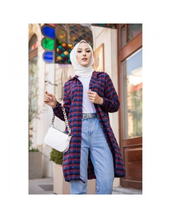 Chemise longue (Modest Fashion 2024 pas cher) - Tunique à carreaux bleu et rouge 