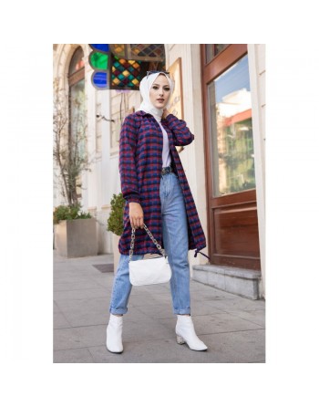 Chemise longue (Modest Fashion 2024 pas cher) - Tunique à carreaux bleu et rouge 