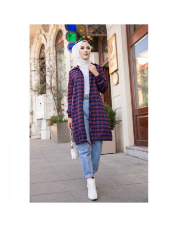 Chemise longue (Modest Fashion 2024 pas cher) - Tunique à carreaux bleu et rouge 