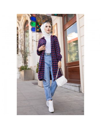 Chemise longue (Modest Fashion 2024 pas cher) - Tunique à carreaux bleu et rouge 
