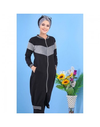 Cardigan Sweat zippé long argenté style moderne - Tenue de Sport longue et décontractée pour femme - Couleur noir 
