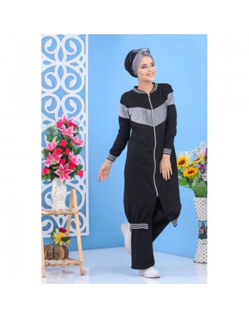 Cardigan Sweat zippé long argenté style moderne - Tenue de Sport longue et décontractée pour femme - Couleur noir 