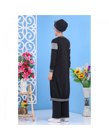 Cardigan Sweat zippé long argenté style moderne - Tenue de Sport longue et décontractée pour femme - Couleur noir 