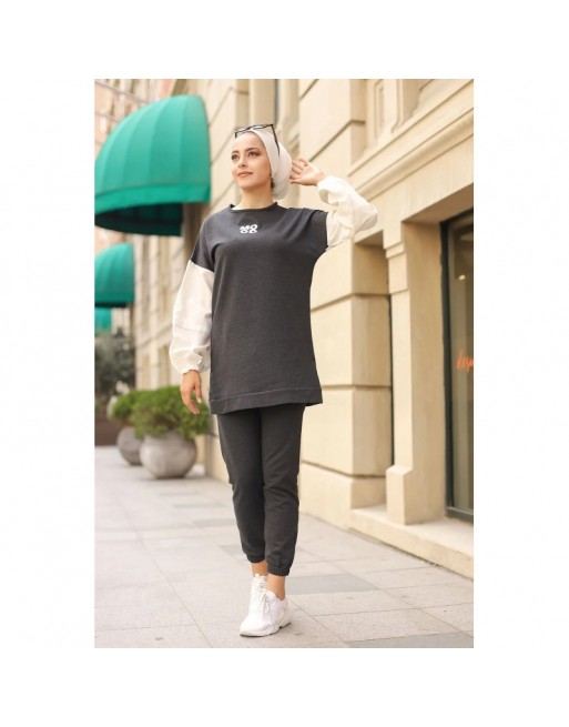 Ensemble survêtement avec sweat-shirt et jogger - Tenue de sport femme (Grande taille disponible) - Couleur Gris anthracite Ensemble survêtement avec sweat-shirt et jogger - Tenue de sport femme (Grande taille disponible) - Couleur Gris anthracite