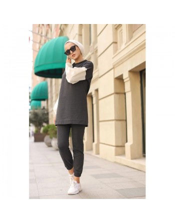 Ensemble survêtement avec sweat-shirt et jogger - Tenue de sport femme (Grande taille disponible) - Couleur Gris anthracite 