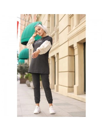 Ensemble survêtement avec sweat-shirt et jogger - Tenue de sport femme (Grande taille disponible) - Couleur Gris anthracite 