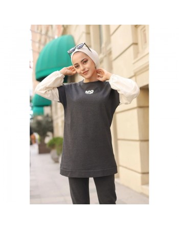 Ensemble survêtement avec sweat-shirt et jogger - Tenue de sport femme (Grande taille disponible) - Couleur Gris anthracite 