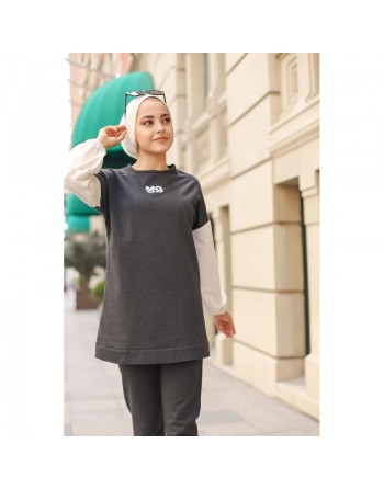 Ensemble survêtement avec sweat-shirt et jogger - Tenue de sport femme (Grande taille disponible) - Couleur Gris anthracite 