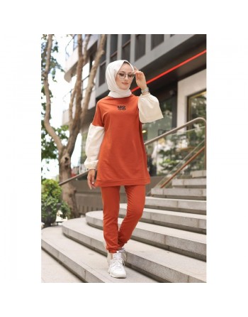Ensemble survêtement 2 pièces - Tenue de sport hijab adaptée femme voilée (Grande taille disponible) - Couleur Brique 