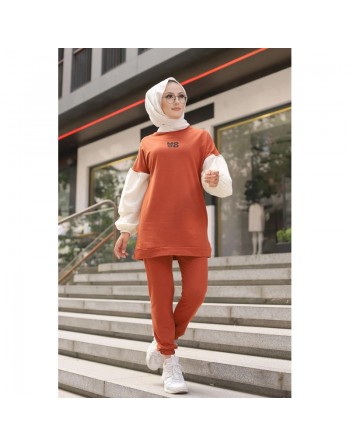 Ensemble survêtement 2 pièces - Tenue de sport hijab adaptée femme voilée (Grande taille disponible) - Couleur Brique 