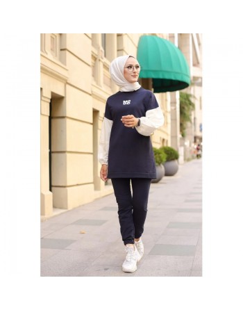 Ensemble survêtement avec sweat-shirt et jogger (Vêtement sport femme voilée) - Couleur Bleu marine 