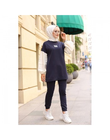 Ensemble survêtement avec sweat-shirt et jogger (Vêtement sport femme voilée) - Couleur Bleu marine 