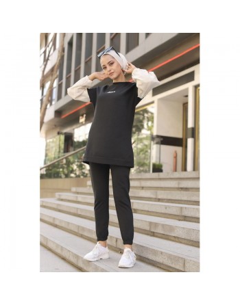 Ensemble survêtement femme avec sweat-shirt et jogger (Grandes tailles disponibles) - Couleur Noir 