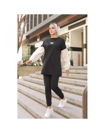 Ensemble survêtement femme avec sweat-shirt et jogger (Grandes tailles disponibles) - Couleur Noir 