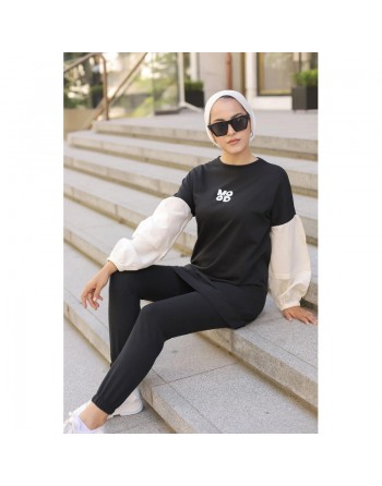 Ensemble survêtement femme avec sweat-shirt et jogger (Grandes tailles disponibles) - Couleur Noir 