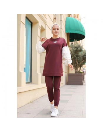 Ensemble survêtement avec sweatshirt et jogger - Tenue de sport femme (Grande taille disponible) - Couleur Prune 