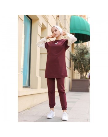 Ensemble survêtement avec sweatshirt et jogger - Tenue de sport femme (Grande taille disponible) - Couleur Prune 