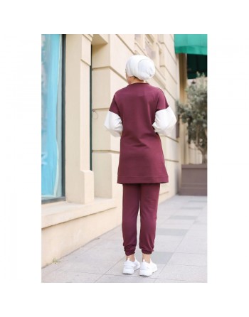 Ensemble survêtement avec sweatshirt et jogger - Tenue de sport femme (Grande taille disponible) - Couleur Prune 