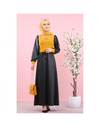 Robe en simili-cuir pour femme (Boutique en ligne de Mode musulmane - Paris - France) - Couleur noire et jaune moutarde 