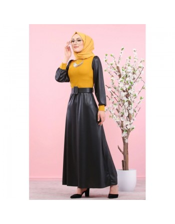 Robe en simili-cuir pour femme (Boutique en ligne de Mode musulmane - Paris - France) - Couleur noire et jaune moutarde 