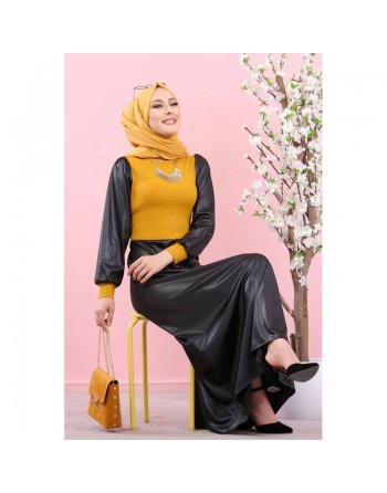 Robe en simili-cuir pour femme (Boutique en ligne de Mode musulmane - Paris - France) - Couleur noire et jaune moutarde 