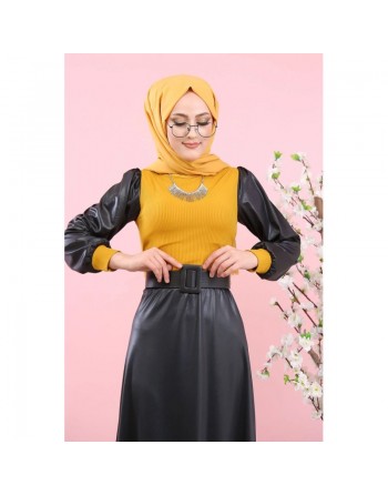 Robe en simili-cuir pour femme (Boutique en ligne de Mode musulmane - Paris - France) - Couleur noire et jaune moutarde 