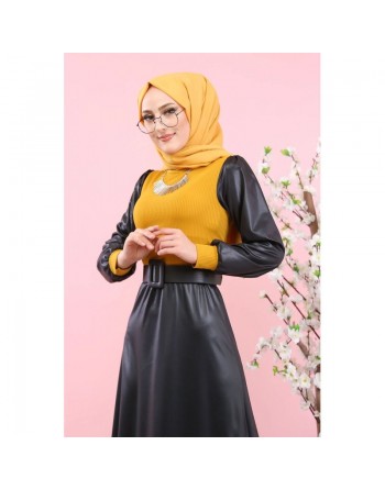 Robe en simili-cuir pour femme (Boutique en ligne de Mode musulmane - Paris - France) - Couleur noire et jaune moutarde 