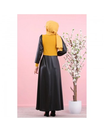 Robe en simili-cuir pour femme (Boutique en ligne de Mode musulmane - Paris - France) - Couleur noire et jaune moutarde 
