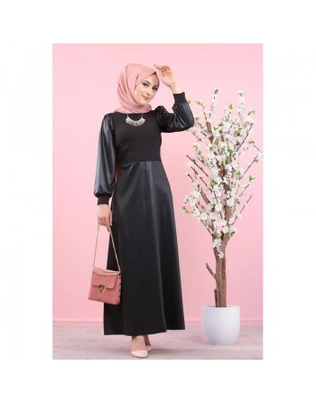 Robe en simili-cuir (Boutique Mode musulmane - Modest Fashion) - Couleur noire 
