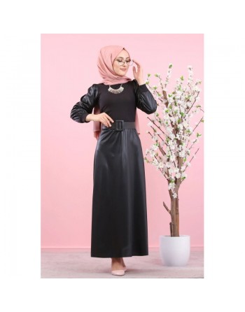Robe en simili-cuir (Boutique Mode musulmane - Modest Fashion) - Couleur noire 