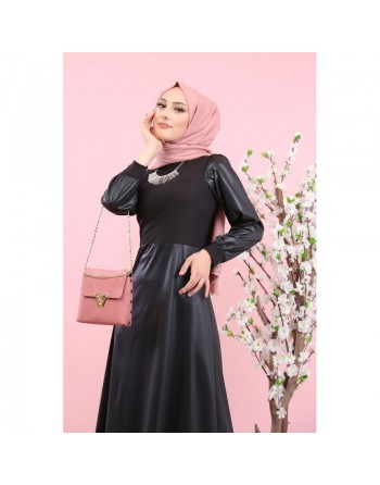 Robe en simili-cuir (Boutique Mode musulmane - Modest Fashion) - Couleur noire 