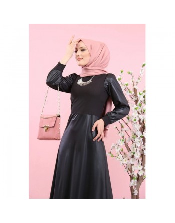 Robe en simili-cuir (Boutique Mode musulmane - Modest Fashion) - Couleur noire 