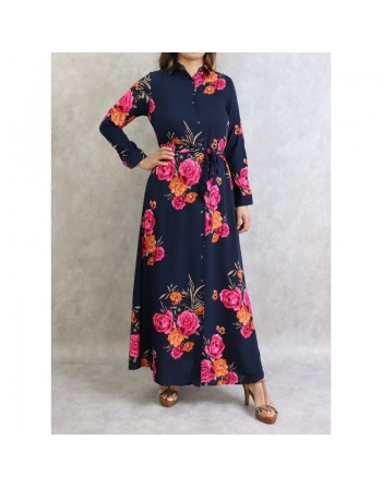 Robe longue fluide boutonnée à imprimés fleuris en viscose pour femme - Couleur bleu marine 