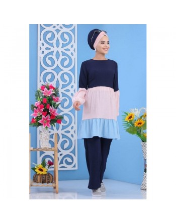 Ensemble 2 pièces (tunique et pantalon) bleu et rose (femme grande taille) 