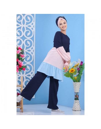 Ensemble 2 pièces (tunique et pantalon) bleu et rose (femme grande taille) 