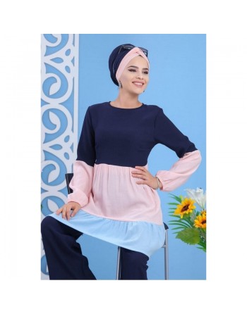 Ensemble 2 pièces (tunique et pantalon) bleu et rose (femme grande taille) 