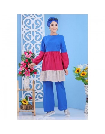 Ensemble femme 2 pièces (tunique et pantalon) de couleur bleu roi, framboise et beige 