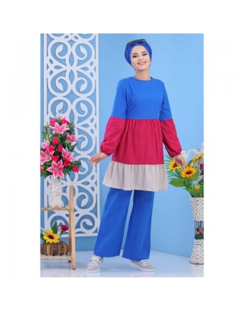 Ensemble femme 2 pièces (tunique et pantalon) de couleur bleu roi, framboise et beige 