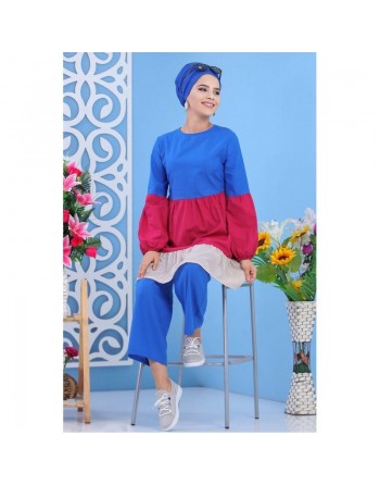 Ensemble femme 2 pièces (tunique et pantalon) de couleur bleu roi, framboise et beige 