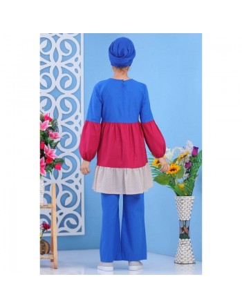 Ensemble femme 2 pièces (tunique et pantalon) de couleur bleu roi, framboise et beige 