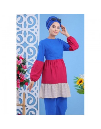 Ensemble femme 2 pièces (tunique et pantalon) de couleur bleu roi, framboise et beige 