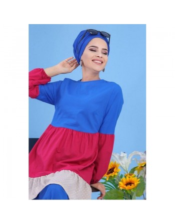 Ensemble femme 2 pièces (tunique et pantalon) de couleur bleu roi, framboise et beige 