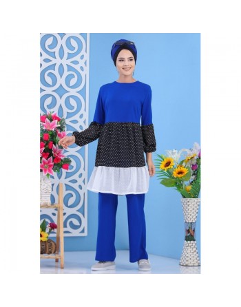 Ensemble 2 pièces (tunique et pantalon) de couleur bleu roi, noir et blanc (Grandes tailles pour femmes) 