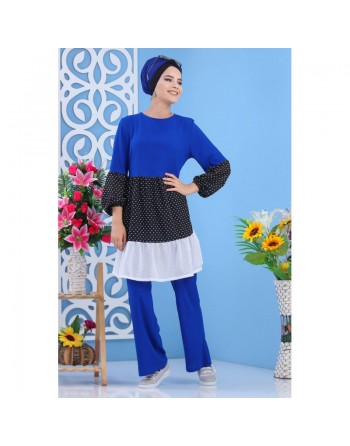 Ensemble 2 pièces (tunique et pantalon) de couleur bleu roi, noir et blanc (Grandes tailles pour femmes) 