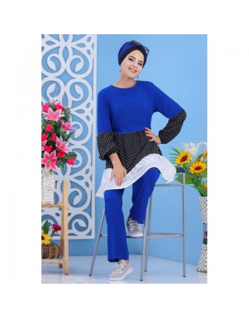 Ensemble 2 pièces (tunique et pantalon) de couleur bleu roi, noir et blanc (Grandes tailles pour femmes) 