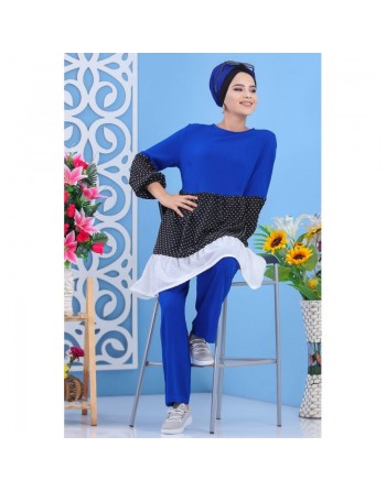 Ensemble 2 pièces (tunique et pantalon) de couleur bleu roi, noir et blanc (Grandes tailles pour femmes) 