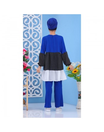 Ensemble 2 pièces (tunique et pantalon) de couleur bleu roi, noir et blanc (Grandes tailles pour femmes) 