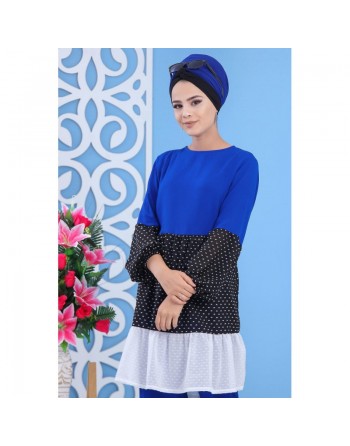 Ensemble 2 pièces (tunique et pantalon) de couleur bleu roi, noir et blanc (Grandes tailles pour femmes) 