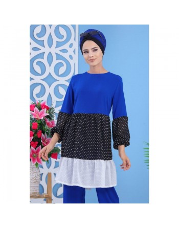 Ensemble 2 pièces (tunique et pantalon) de couleur bleu roi, noir et blanc (Grandes tailles pour femmes) 